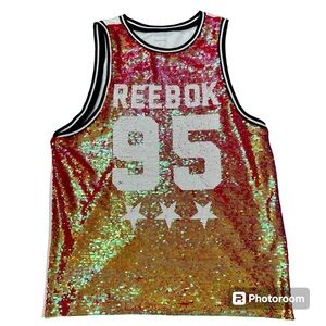 Reebok Studio Sequin Boyfriend Varsity Basketball Tank Top Vest L Red Women's